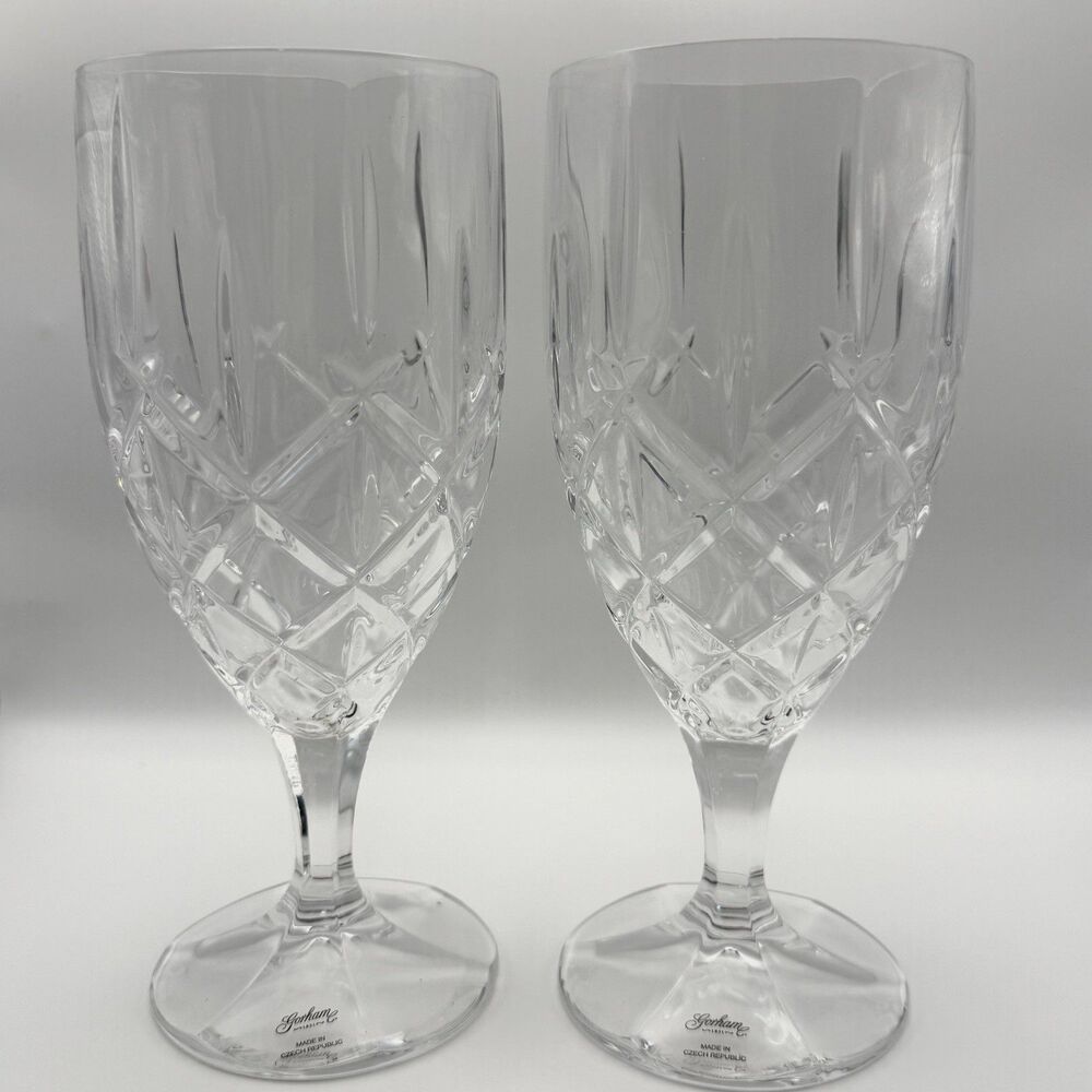 Set of 2 Gorham Lady Anne Crystal Water Goblet Iced Tea Glasses